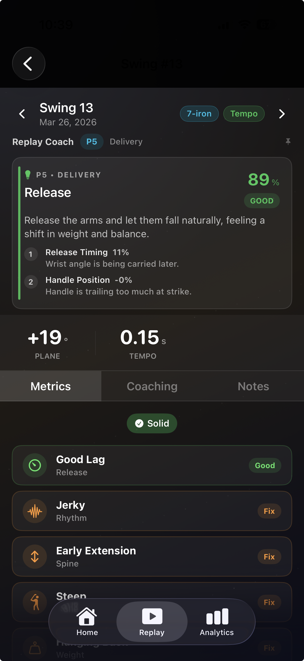 ARC range coaching screen showing immediate feedback after a swing