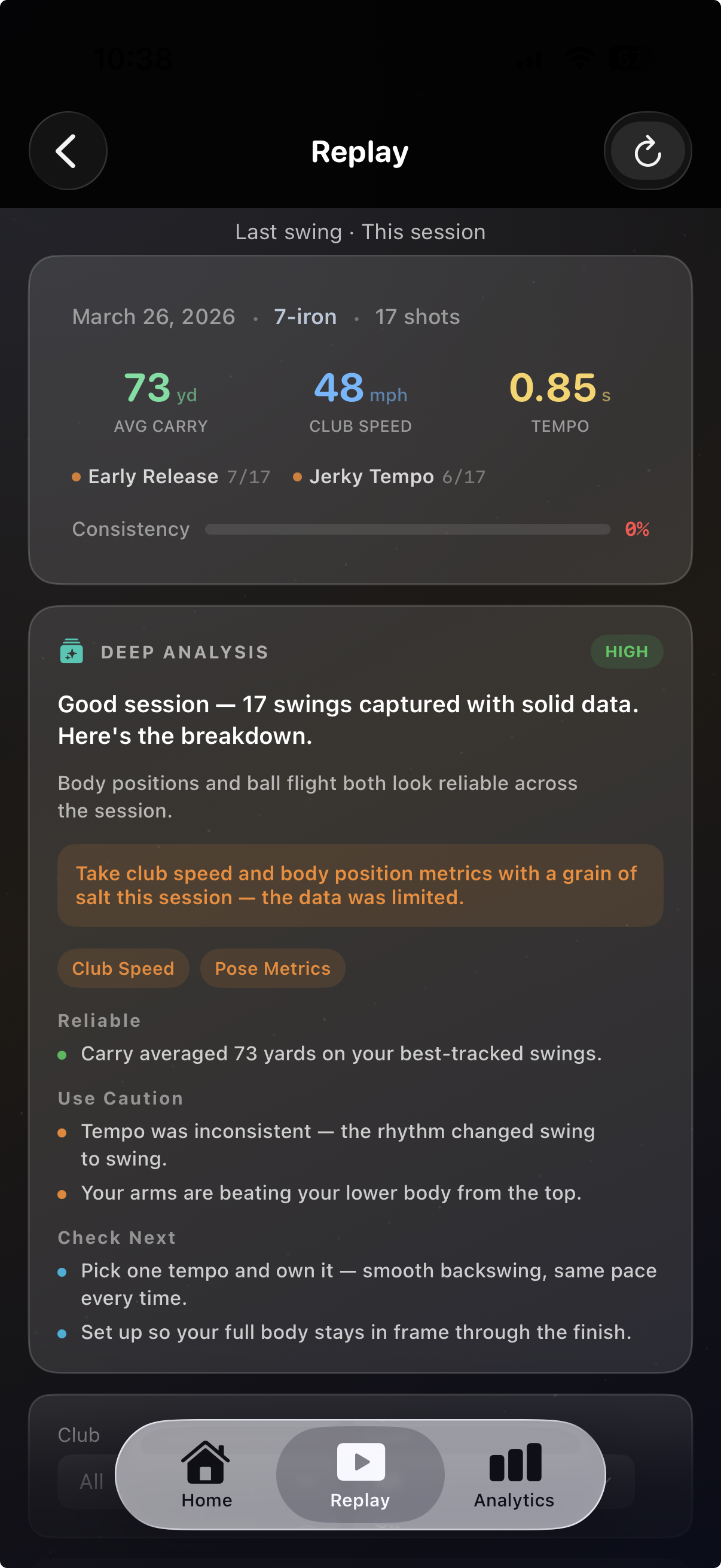 ARC replay summary that could be shown on a second screen during practice